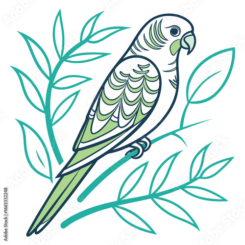 A unique abstract icon of a green budgie's form.