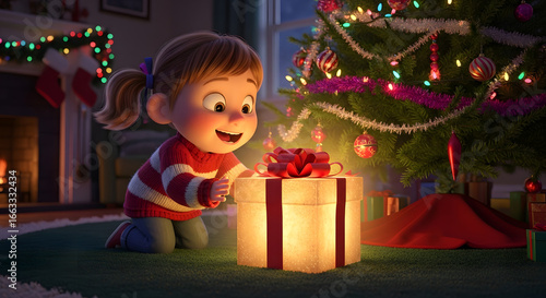 Captivating Christmas Eve: A radiant girl kneels before a glowing present beneath a festively decorated Christmas tree, the enchantment of the season reflected in her wide, expectant eyes and joyful