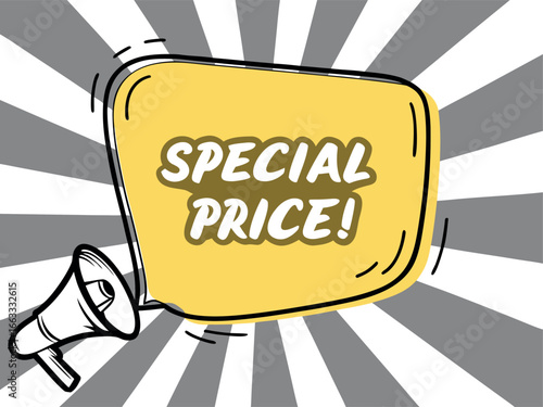 Vector art of megaphone with special price speech bubble, announcing a sale