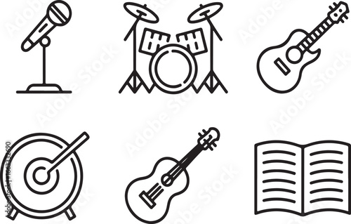 Collection of musical instruments and accessories icons isolated on white background