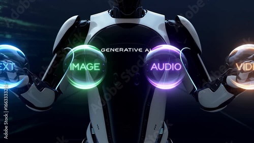 Humanoid robot showcasing generative AI interaction, processing multimedia data, representing cutting edge technological advancement and intelligent machine learning potential