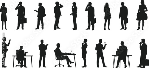 Business people silhouette vector, office workers standing and sitting, corporate communication, teamwork concept, presentation pose, black figure illustration
