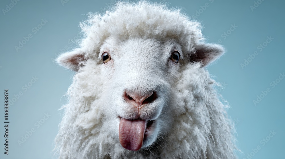 Obraz premium Playful sheep sticking out tongue with fluffy white wool on light blue background
