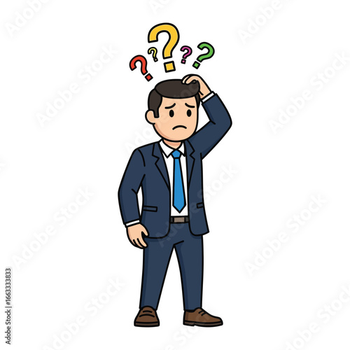 Puzzled Reflection: A depicted of the modern businessman in suit, under the weight of confusion, question marks swirling above his head and pondering his mind.