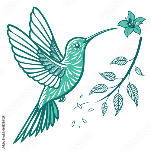 A unique neon icon of a green hummingbird in hover flight.