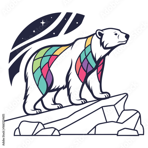A unique neon icon of a polar bear in an arctic style.