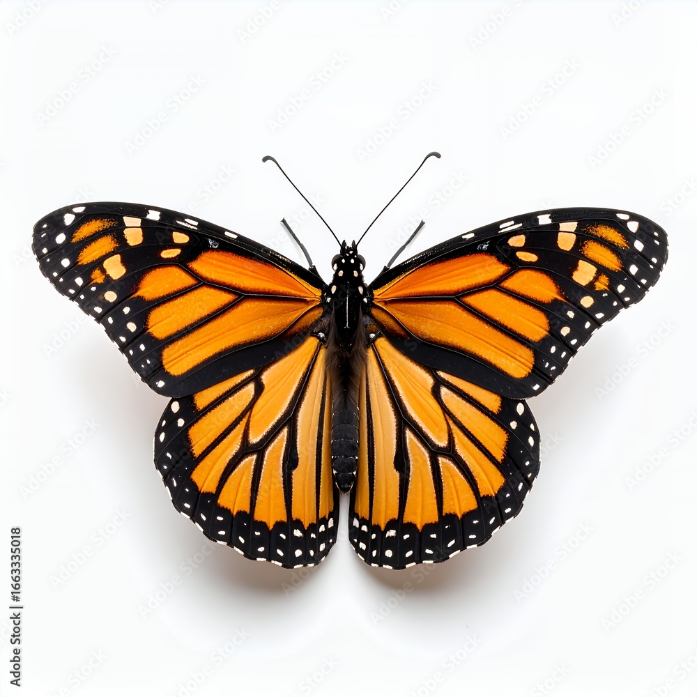 Fototapeta premium Monarch butterfly displaying vibrant orange and black wings pattern on white background