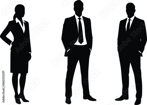 Corporate people in formal wear, standing businessman and businesswoman, office team outline, black suit figures, executive pose illustration, business professionals silhouette vector
