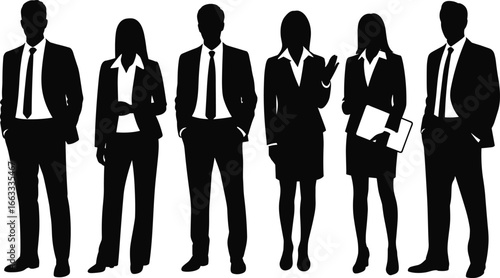 Business professionals standing in a row, formal attire, team collaboration, office staff, teamwork concept, leadership, communication, corporate workforce, success, CAD flat vector illustration
