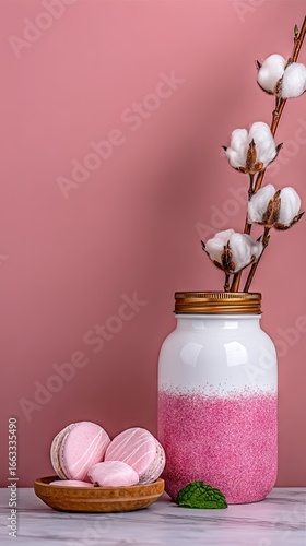 Pink and Mint Gradient Still Life with Sugar Cookies and Cotton Flowers
