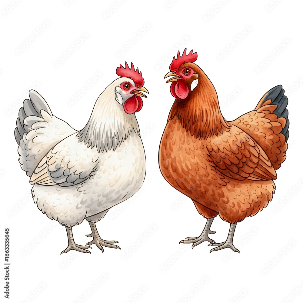 Fototapeta premium Two Colorful Chickens Standing Side by Side Farm Animals Illustration Poultry Livestock Farming