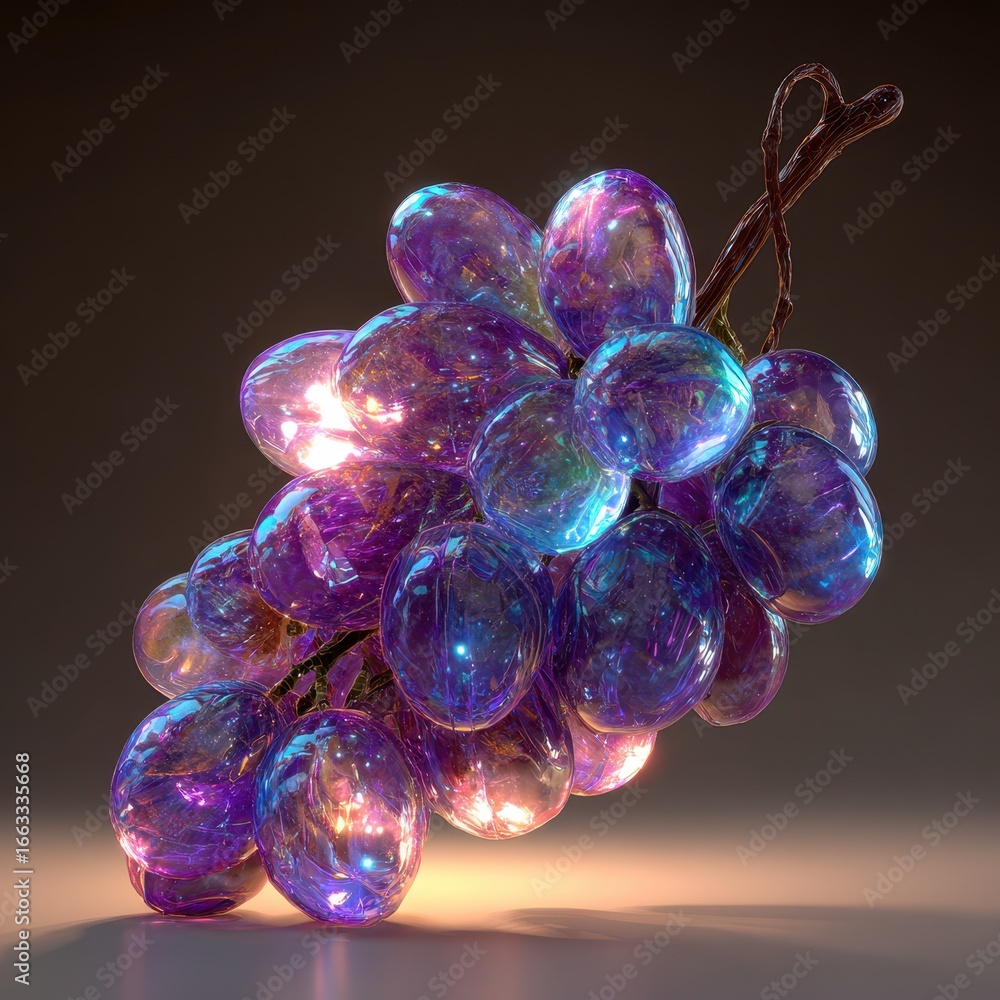 Fototapeta premium Shiny, translucent, purple and blue grapes on a small stem casting bright, diffused light