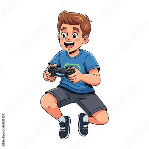 Joyful Gamer's Leap: A vibrant illustration portrays a gleeful young gamer, fully engrossed in his video game, as he takes a joyful leap into the air, clutching the game controller. 