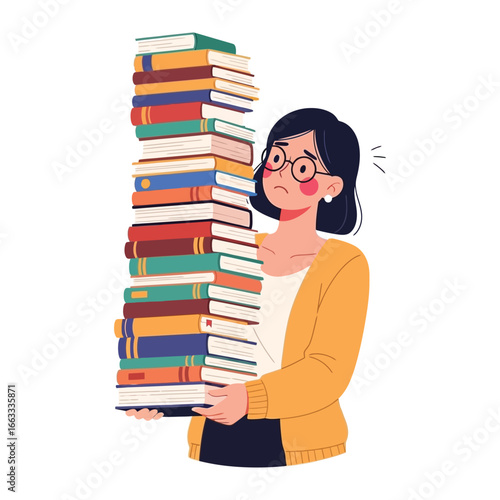 Overwhelmed by Study: A worried person struggles to carry a towering stack of books, symbolizing the challenges and burdens of academic life.