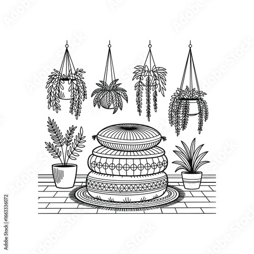 Bohemian hanging plants and stacked cushions on wooden floor boho decor studio shot white background