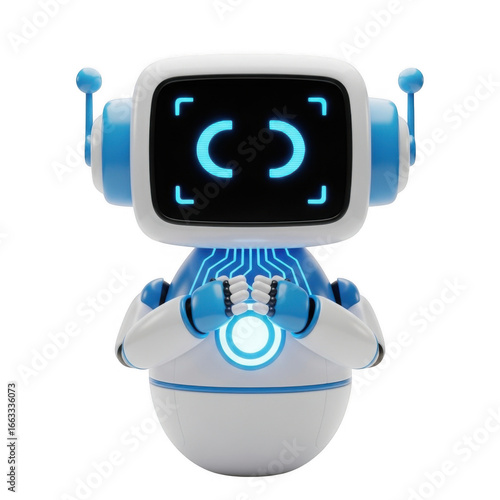 Cute futuristic robot with blue accents and glowing eyes isolated on transparent background