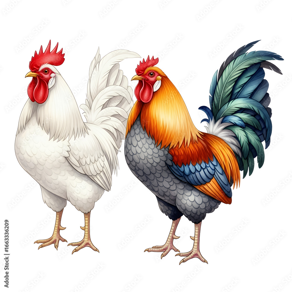 Fototapeta premium Two Roosters Standing Side by Side Colorful Feathers Farm Animals Poultry Rural Scene