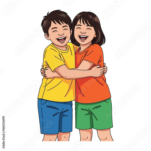 Joyful Embrace of Friendship: Two young friends share a hearty laugh and a warm hug, their genuine happiness radiating outward in a delightful depiction of camaraderie and affection.