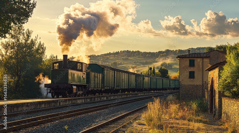 Fototapeta premium Italian station vintage steam locomotive with freight cars at golden hour, dramatic smoke clouds billowing against rolling Tuscan countryside hills and warm evening light