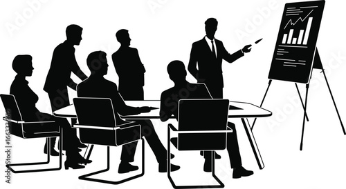 Business team meeting, professional presentation, corporate discussion, boardroom collaboration, strategy planning, graph analysis, business growth, teamwork concept, silhouette illustration
