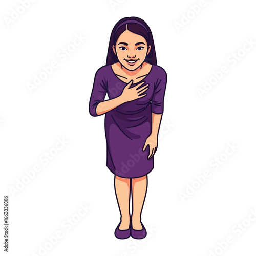 Elegant Gesture of Gratitude: A gracefully illustrated woman, radiates warmth and poise as she places her hand over her heart, conveying sincerity and appreciation in this simple.