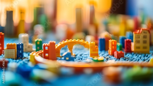 Colorful Toy Block Cityscape with Yellow Bridge on Blue Fluffy Surface Detail View