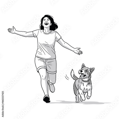 Joyful Reunion: A woman and her playful canine companion share a moment of pure joy. Capturing the elation of their connection, highlighting the bond of love and friendship.