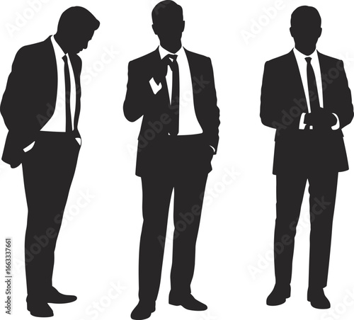 Business team standing in silhouette, professional corporate attire, confident posture group, formal illustration concept, leadership expression art, black vector, CAD flat vector illustration
