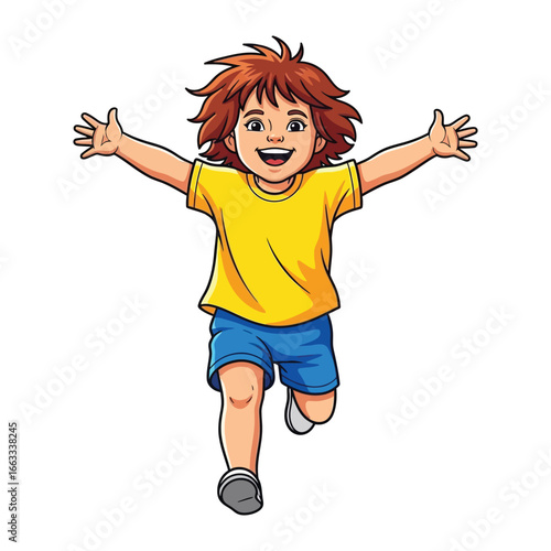 Joyful Running Boy: An energetic illustration of a young boy with arms outstretched, radiating pure joy as he runs forward with a happy grin. 