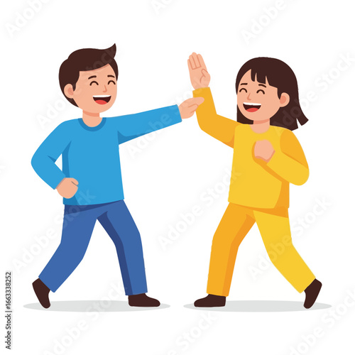 Joyful Interaction: Two animated figures share a moment of jovial interaction. A boy, clad in blue, enthusiastically gestures as a girl, draped in yellow, reciprocates with a warm high five.