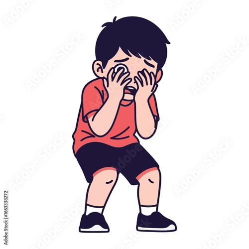 A child's sorrow: A touching illustration depicts a young child, overwhelmed by a moment of deep sadness and despair. His hands cover his face, revealing the raw emotion of the moment.