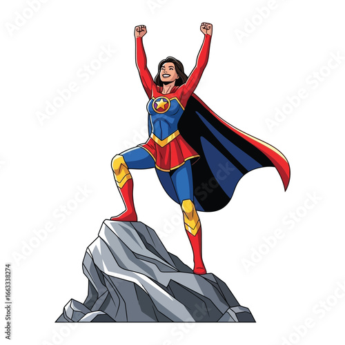 Empowered Superhero Woman: a strong female superhero in a heroic pose atop a rocky outcropping, representing strength, triumph, and inspiration.