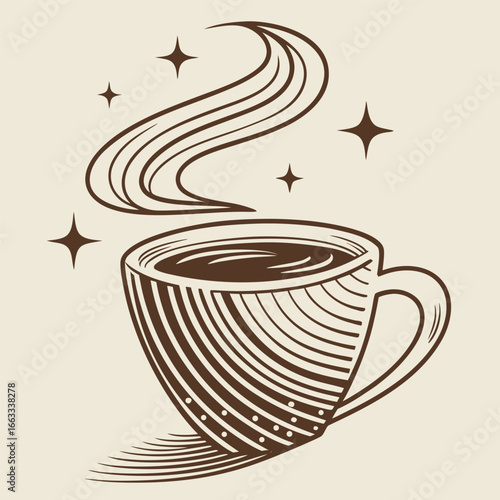 Vector art of vintage coffee cup with steam and sparkles, isolated on beige background