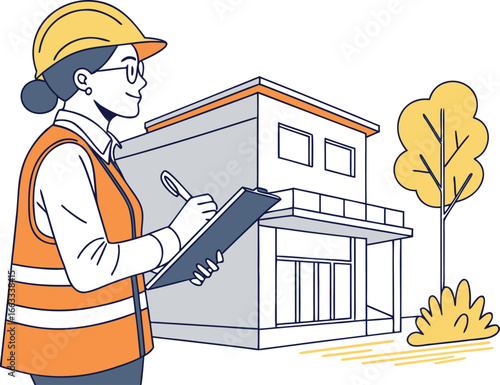 Vector art of woman inspector with clipboard checking building
