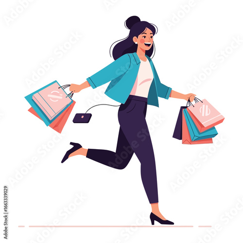 Joyful Shopping Spree: A cheerful shopper strides energetically, arms outstretched, clutching colorful bags, and embodying the bliss of retail therapy and excitement.