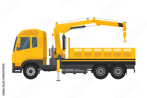 Yellow truck with mobile crane with long boom and hook, isolated on white background. Used for construction and heavy lifting. Vector illustration EPS 10.
