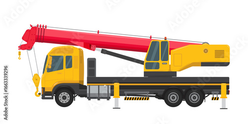 Yellow truck with red mobile crane with long boom and hook, isolated on white background. Used for construction and heavy lifting. Vector illustration EPS 10.