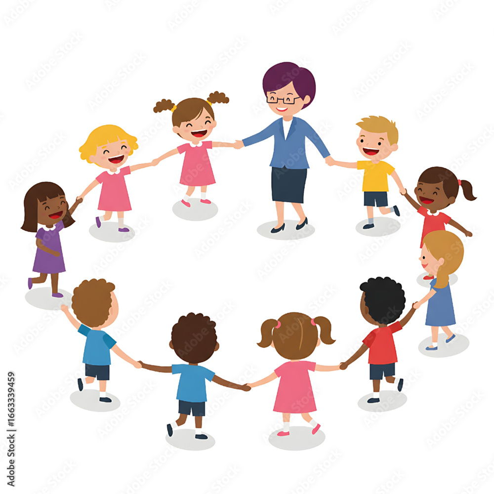 Diverse Group of Happy Children and Teacher Holding Hands in a Circle Diverse Group of Happy Children and Teacher Holding Hands in a Circle