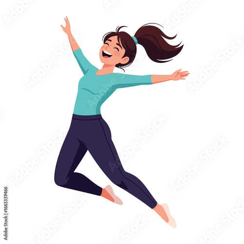 Joyful Leap: A dynamic illustration captures the unbridled joy and energetic enthusiasm of a woman taking a soaring leap, radiating happiness and a sense of freedom.