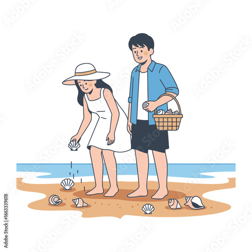 Seashell Hunt by the Sea: A couple strolls along the sandy beach collecting seashells near the sea. Capturing the simple joys of summer.