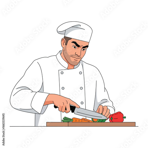 Culinary Craftsmanship: A focused chef meticulously slices fresh vegetables with precision and skill, preparing for a delectable culinary experience.