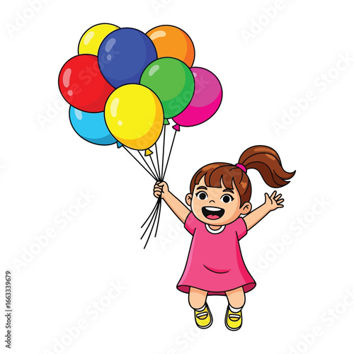 A Young Girl's Joyful Ascent: A young girl with a bright smile and gleeful eyes joyfully ascends into the sky while holding a bouquet of colorful balloons, a beautiful image of youthful exuberance.