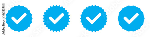  White tick on blue circle. Set of 4 blue tick mark on isolated white background.  Approve vector icon set. Vector icon set.  Check mark list on white background. 