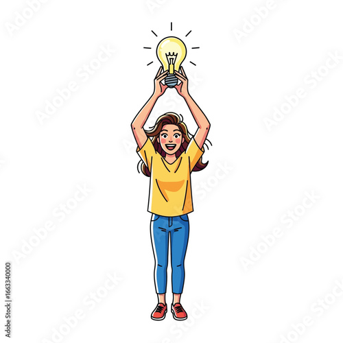 Brilliant Idea: A cheerful woman joyfully raises a glowing lightbulb overhead, embodying the spirit of creative thought and innovation in a modern, vibrant illustration.