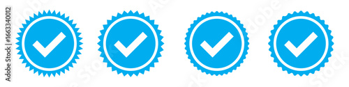 Blue tick mark icon on white background. White tick on blue circle. Set of 4 blue tick mark on isolated white background.  Approve vector icon set. EPS 10. Vector icon set .