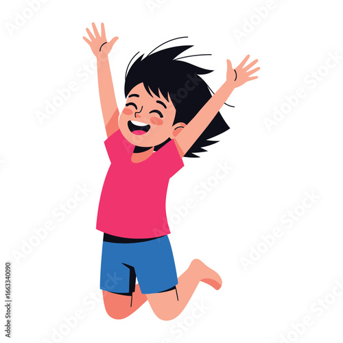Joyful Leap: A vibrant illustration of a child's carefree exuberance, captured mid-jump with arms raised in unadulterated delight, embodying the pure essence of childhood joy.