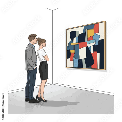 Artistic Appreciation: A couple gazes at an abstract painting within the modern gallery. Evoking thought and creative expression