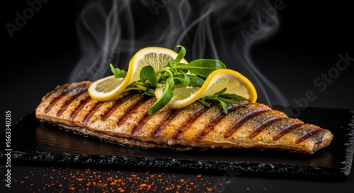 Perfectly grilled sea bass fillet adorned with lemon slices and fresh herbs