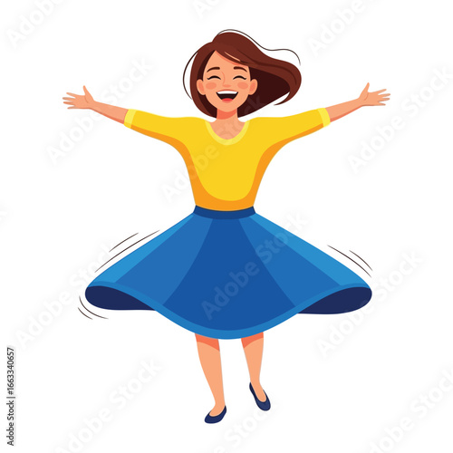 Joyful Spin: A vibrant depiction of pure happiness, as a woman joyfully twirls, her arms wide open. radiating joy and carefree freedom, against a clean backdrop.