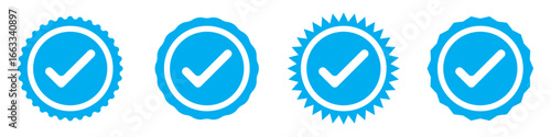 Blue tick mark icon on white background. White tick on blue circle. Set of 4 blue tick mark on isolated white background.  Approve vector icon set. EPS 10. Vector icon set .